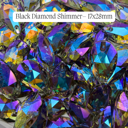 Black Diamond Shimmer – 17x28mm AAAAA Glass Sew-On Teardrop Rhinestones (12-Count Tray)
