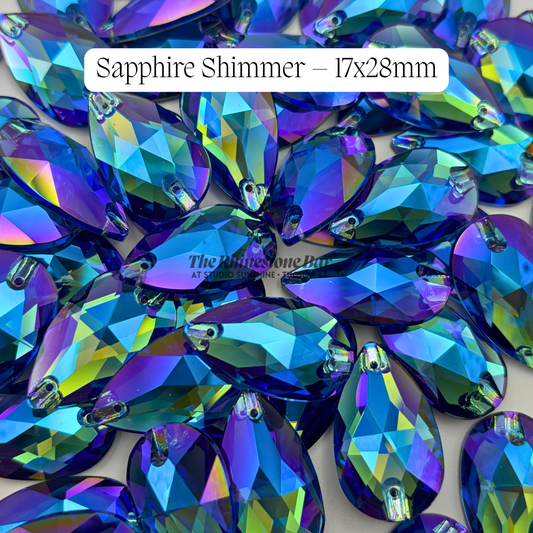 Sapphire Shimmer – 17x28mm AAAAA Glass Sew-On Teardrop Rhinestones (12-Count Tray)