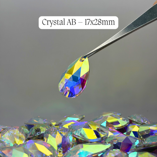 Crystal AB – 17x28mm AAAAA Glass Sew-On Teardrop Rhinestones (12-Count Tray)