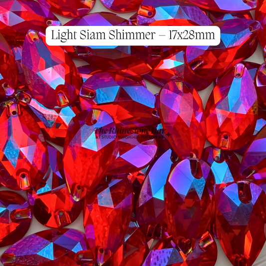 Light Siam Shimmer– 17x28mm AAAAA Glass Sew-On Teardrop Rhinestones (12-Count Tray)