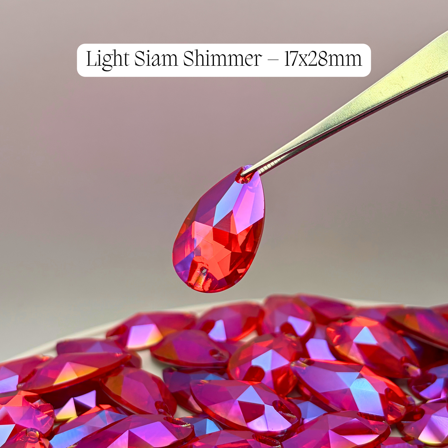 Light Siam Shimmer– 17x28mm AAAAA Glass Sew-On Teardrop Rhinestones (12-Count Tray)