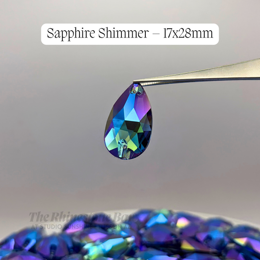 Sapphire Shimmer – 17x28mm AAAAA Glass Sew-On Teardrop Rhinestones (12-Count Tray)