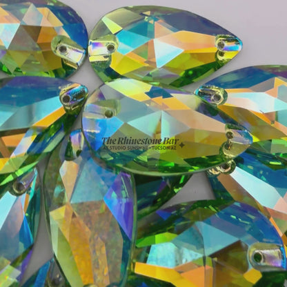 Peridot Shimmer-17x28mm AAAAA Glass Sew-On Teardrop Rhinestones (12-Count Tray)