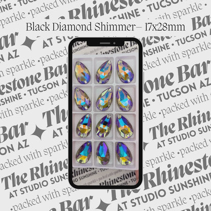 Black Diamond Shimmer  – 17x28mm AAAAA Glass Sew-On Teardrop Rhinestones (12-Count Tray)