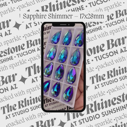 Sapphire Shimmer – 17x28mm AAAAA Glass Sew-On Teardrop Rhinestones (12-Count Tray)